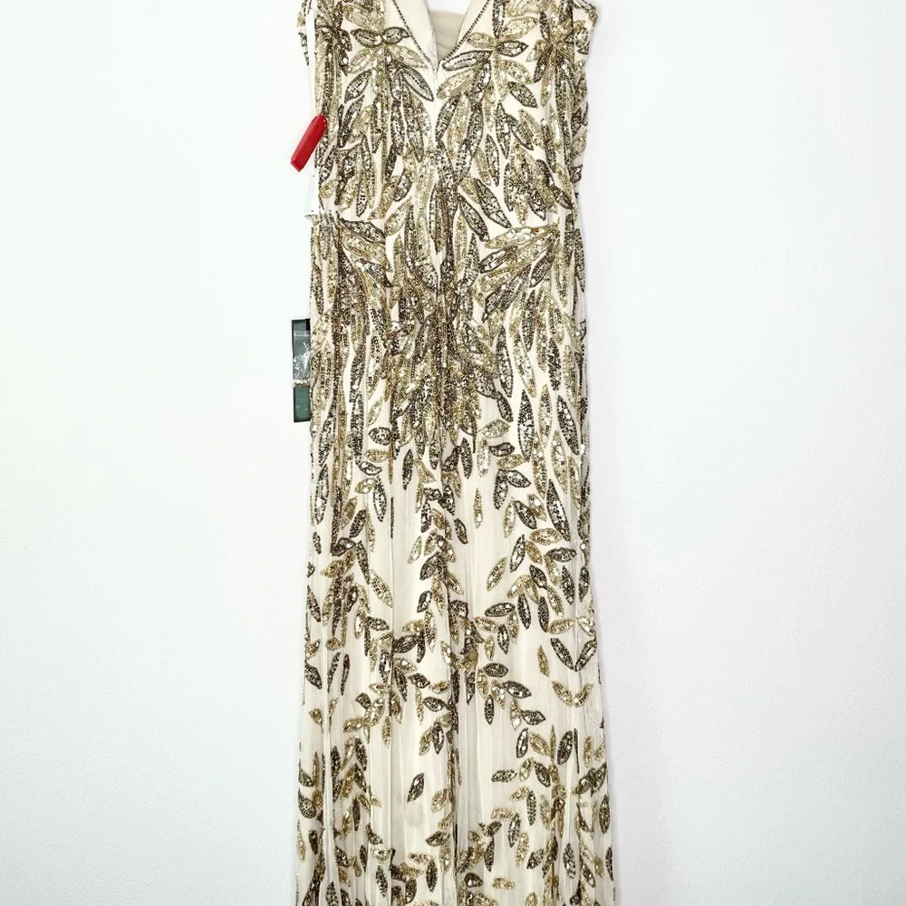 NWT Mac Duggal Embellished Leaf Evening Gown Nude Gold - Picture 7 of 7